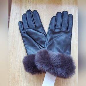 Time and Tru L/XL Dark Brown Faux Leather Faux Fur Cuffed Gloves New